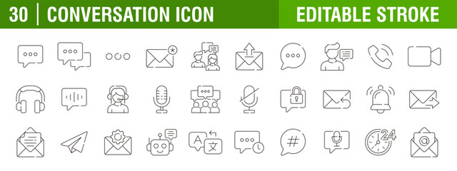 Collection of conversation icons. Communication, chatting, voice messages, discussions, speech bubbles. Vector design templates, signs, symbols, editable strokes.