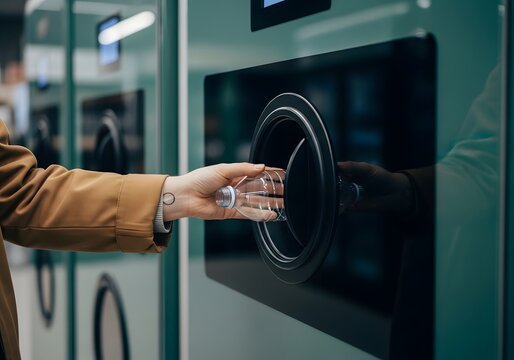 Hand Inserting Plastic Bottle into Reverse Vending Machine for Recycling and Environmental Protection