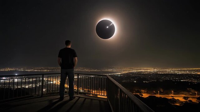 A person watches a total solar eclipse over a city at night from a high viewpoint.