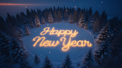 Glowing Happy New Year script in snowy forest clearing under dark blue winter night sky