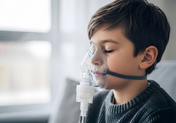 Young Boy Breathing Through Nebulizer Mask for Asthma or Respiratory Illness Treatment at Home