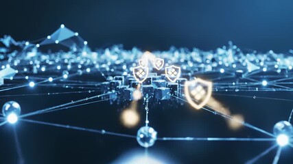 Digital shields unite technology and innovation in a dynamic, 4K UHD animation showcasing interconnected lines, cityscapes, and abstract cubes, emphasizing seamless integration, unity.