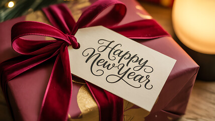Wrapped New Year gift box with deep red ribbon and elegant greeting tag in festive warm lighting