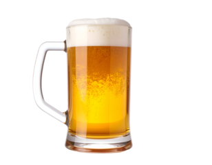 A clear glass mug filled with golden beer topped with a frothy white head and bubbles rising through the liquid