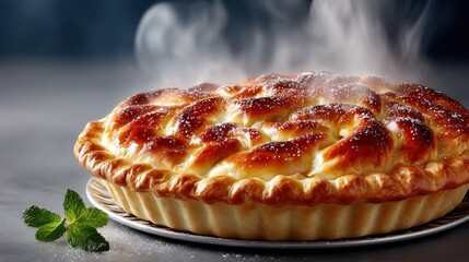 A steaming golden pie with intricate crust design, served with mint sprig on a plate