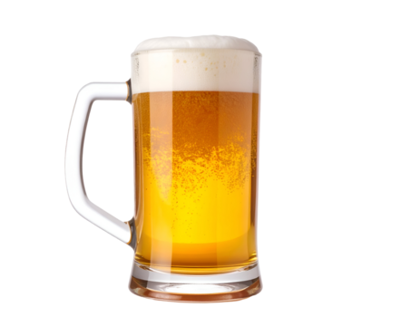 A clear glass mug filled with golden beer topped with a frothy white head and bubbles rising through the liquid