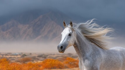 Obraz premium A stunning white horse with flowing mane amidst a hazy desert landscape, mountains in background