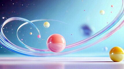 A dynamic abstract scene featuring smooth, glossy spheres in pastel colors and fluid, translucent ribbons swirling through a soft blue gradient.