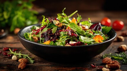 A vibrant salad with a variety of fresh greens, nuts, and colorful vegetables in a rustic black bowl on a wooden table.