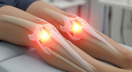 Human knee joint with painful rheumatoid arthritis disease area glowing red.
