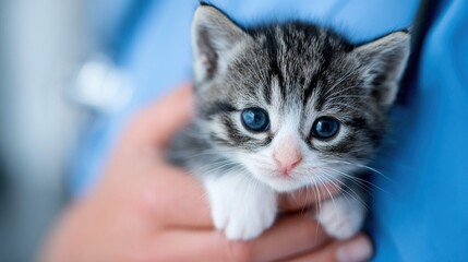 A small kitten being held by a person in a blue shirt.