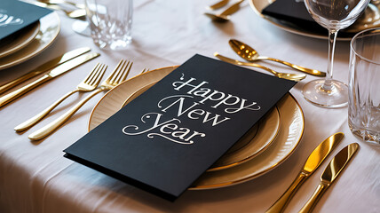 Elegant New Year dinner table with golden cutlery, black greeting cards, and festive white linens happy new year