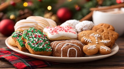A plate of assorted Christmas cookies with a festive background.