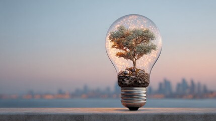 A light bulb with a tree inside, set against a cityscape at sunset.
