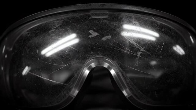 Close-up of clear safety goggles with light reflections on a dark background.