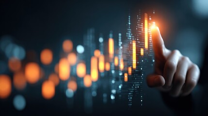 A person's hand pointing at a glowing stock market graph on a dark background.