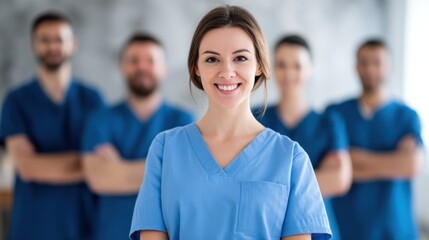 A smiling nurse standing in front of a group of healthcare professionals.