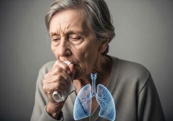 Elderly woman coughing, tissue paper, interior room, dark background, sick, suffocation symptoms