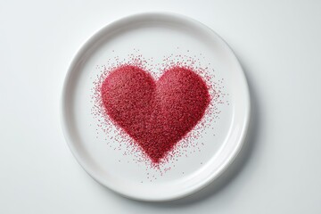 Red glitter heart shape on a white ceramic plate background.