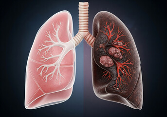 Healthy pink lung next to dark damaged lung, showing contrast between good and bad health. Represents respiratory system, sickness, and medical treatment. Medical illustration for articles.