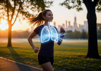 Breathing Free: A vibrant illustration of a fit runner enjoying a healthy run with emphasis on strong lungs. Illustrating healthy breath, strength and exercise.