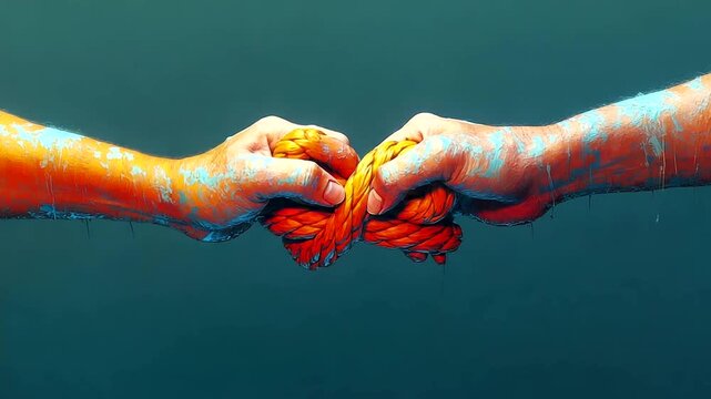 Two hands gripping a colorful rope against a gradient background