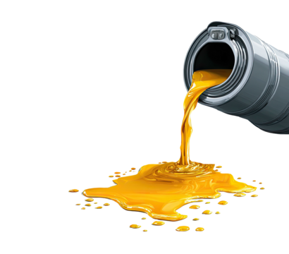 Oily liquid pours from a metal can onto a black surface