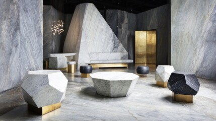A modern, geometrically designed marble and brass furniture collection in a minimalist, industrial setting.
