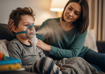 A mother helps her child put on a nebulizer mask, a treatment for asthma in children.
