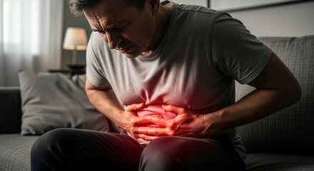 The man is sitting on a gray couch and holding his belly. Medicine and health concept, stomach problems. The man suffers from stomach ache, gastric problems. Abdominal pain, suffering and pain.
