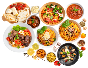 A variety of colorful pasta dishes, salads, and side dishes arranged on a table for a diverse meal presentation