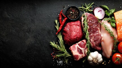 A variety of raw meat and vegetables on a dark background.