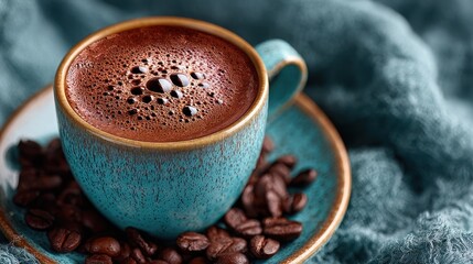 A vibrant turquoise mug filled with rich coffee, on a saucer with beans, set on blue fabric