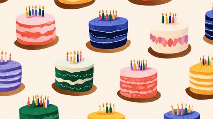 A colorful array of birthday cakes with lit candles on a light background.