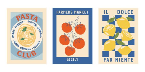 Vintage riviera food and travel poster pack, retro Mediterranean farmers market and travel art © Annisa Tiara Utami