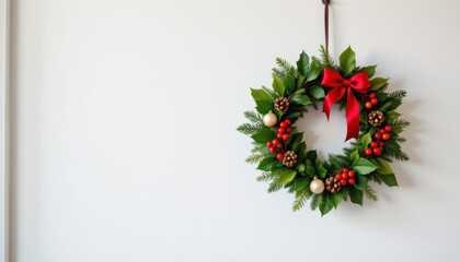 Beautiful Christmas wreath adorned with vibrant red berries, pinecones, and festive red bow, hanging against clean white wall, evokes warm holiday spirit