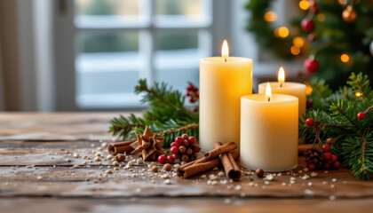 Warm candles illuminate rustic wooden table adorned with festive greenery, cinnamon sticks, and decorative berries, creating cozy holiday atmosphere