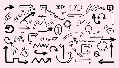 Collection of hand drawn black arrows on a pink background, doodle style