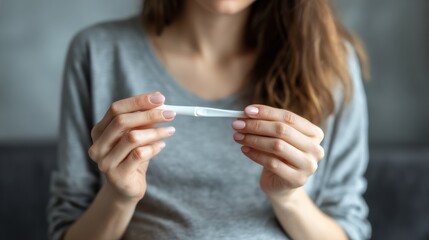 A woman holding a pregnancy test in her hands.