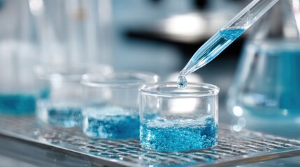 A dropper is adding blue liquid to a beaker with blue powder in a laboratory setting.