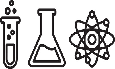 Three simple line art icons representing science and chemistry laboratory equipment and an atom symbol isolated on white background.
