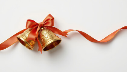 Golden bells adorned with vibrant orange ribbon create festive and elegant display, perfect for celebrations and special occasions. intricate designs on bells add touch of charm and sophistication