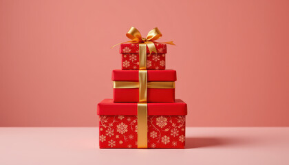 Festive red gift boxes stacked elegantly with gold ribbons against soft pink background create cheerful and inviting atmosphere, perfect for celebrations and holidays