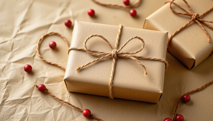 Elegant gift boxes wrapped in brown paper and tied with twine, surrounded by red berries, create warm and festive atmosphere perfect for holiday celebrations