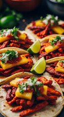 Macro fresh layered tacos al pastor pineapple cilantro lime