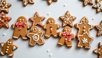 Gingerbread cookies arranged in festive shapes, including stars and snowflakes, decorated with icing and colorful candies, evoke joyful holiday spirit