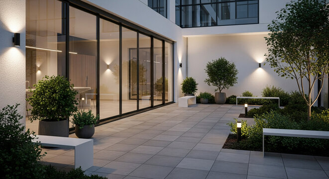 A clean minimalist courtyard showcasing modern architectural elements, smooth surfaces, geometric shapes, and well-placed greenery. The outdoor space conveys elegance and simplicity
