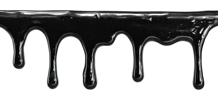 Oily black liquid drips against a stark black background