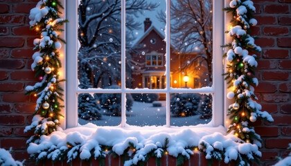 Cozy winter scene featuring window adorned with garlands and snow, showcasing beautifully lit house in background. atmosphere evokes warmth and holiday spirit