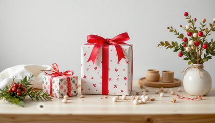 Beautifully wrapped gifts with red ribbons are placed on wooden table, surrounded by decorative elements like small floral arrangement and natural ornaments, creating festive atmosphere